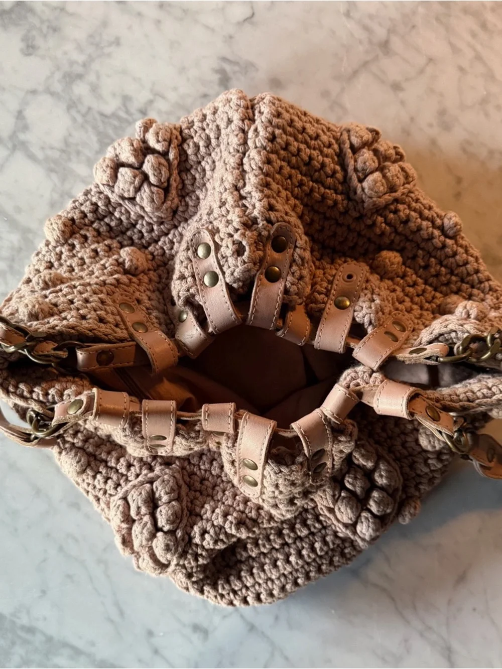 GERARD DAREL Hand-Crocheted Bubble Knit Tote Bag - Beige